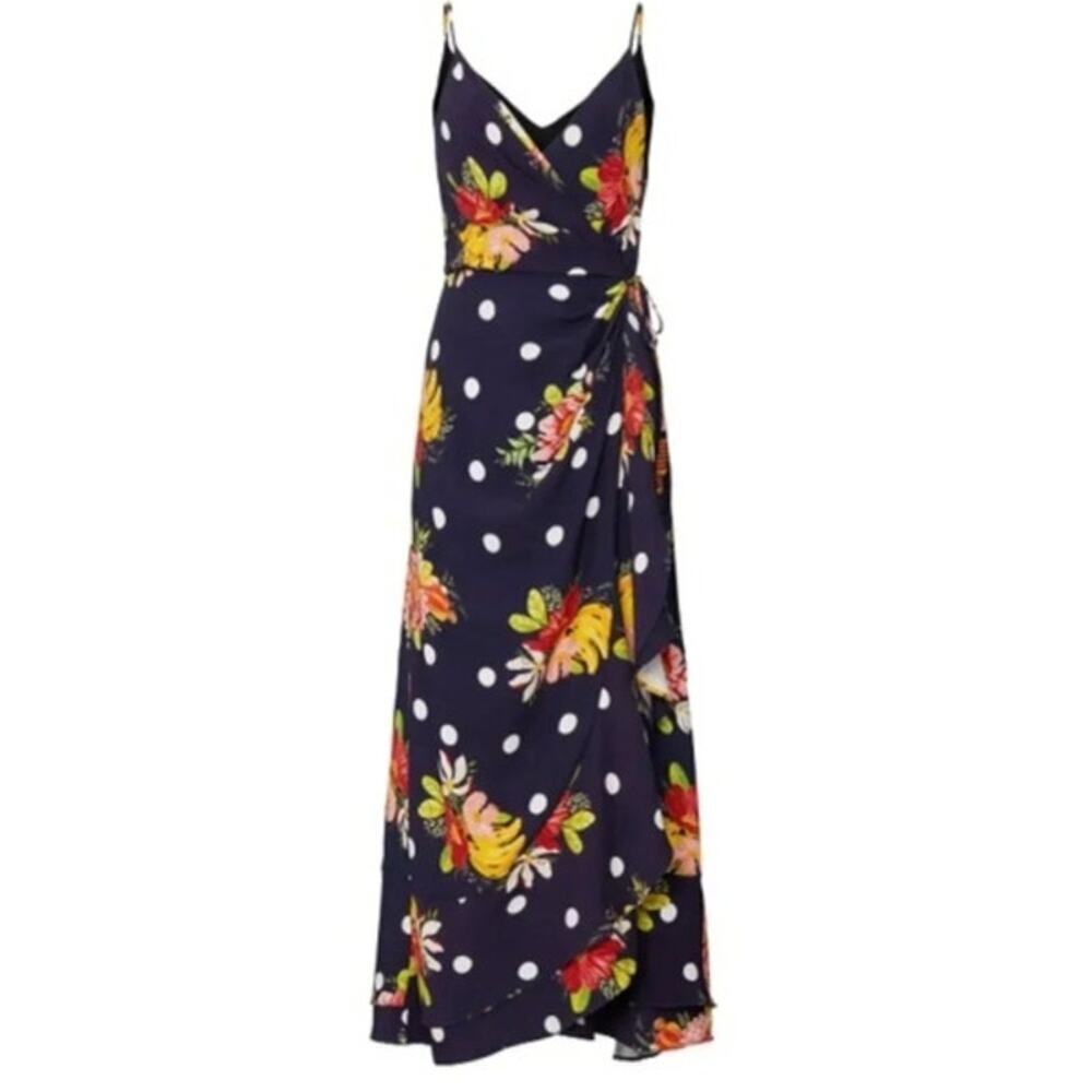 FARM Rio Nanaju Wrap Dress Floral Polka Dot Print Sleeveless Midi Wrap Black XS